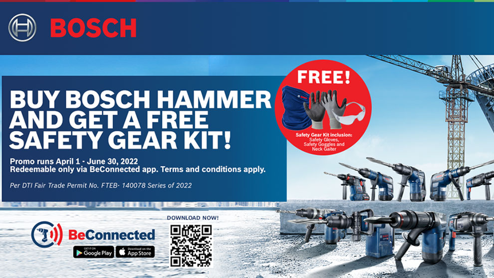 Bosch hammer promotion with free safety gear kit, featuring tools and safety items.
