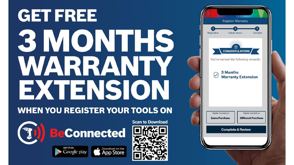 A hand holding a smartphone displays a warranty registration offer and QR code.