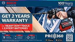 A Bosch Professional drill is featured prominently, with a warranty offer on a blue background, highlighting heavy-duty tools and expert batteries. Text includes promotional details and a QR code for more information.